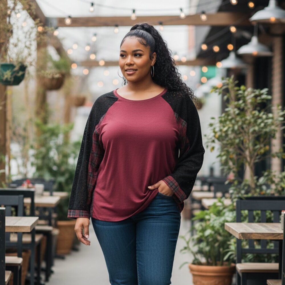Torrid Cotton Modal Slub Crew Neck Raglan Eyelet Inset Print Mix Top